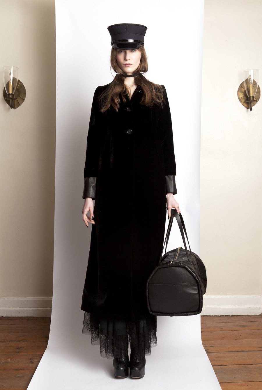 Basia IMG Model Wendy Nichol Clothing Fashion Designer Ready to Wear Fashion Show AW13 Witch Lessons Black Silk Velvet Victorian Coat with Leather Trim Custom Fabric Color Handmade in NYC New York City Custom Tailoring Fitting Size Color Fabric Made to Measure goth gothic edwardian Triangle patchwork travel bag victorian slip dress lace trim