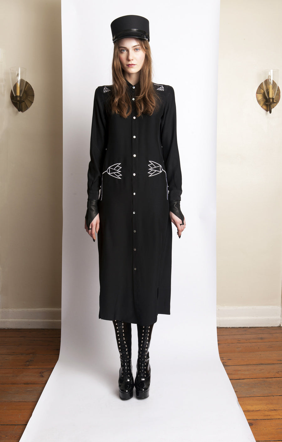Basia IMG Model Wendy Nicol Clothing Fashion Designer Ready to Wear Fashion Runway Show AW13 Witch Lessons Embroidered Egyptian Lotus button up long sleeve silk charmeuse Blouse Dress Black Handmade in NYC New york city Custom Tailoring Fitting Size Fabric Color Made to Measure