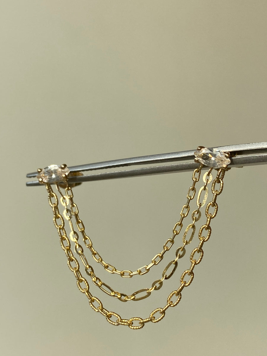 Double Piercing Sapphire Stud on Triple Chain Link