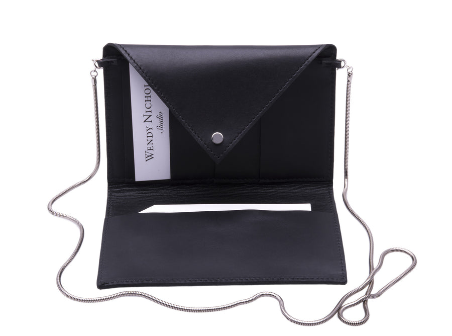Large Envelope Wallet with Snake Chain Strap Wendy Nichol Black Leather Handbag designer Handmade in NYC wallet clutch cross body simple