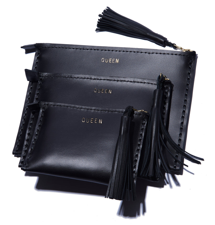 Embossed QUEEN Laced Leather Clutch Pouch Wendy Nichol Luxury Handbags Bag Purse Designer Handmade in NYC New York City Zip Zipper Pouch Wallet Fringe Tassel Embossed Gold Silver Foil Small Medium Large Size Smooth High Quality Black Leather YAS QUEEN CLUTCH