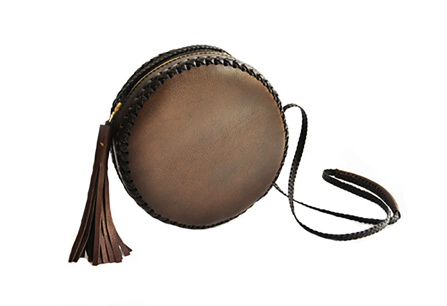 Olive Brown Large Canteen Bag Wendy Nichol High Quality Leather Handbag Purse Designer Handmade in NYC New York City Round Circle Bag Braided Canteen Zip Zipper fringe Tassel Adjustable Strap cross body durable Custom Made to order