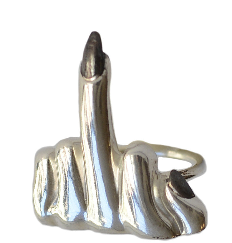 Large Middle Finger Ring Wendy Nichol fine Jewelry designer handmade in NYC New York City solid Sterling Silver Bronze Fuck You Fuck Off Don't Give a FUck DGAF Flip the Bird Flip off Hand Finger