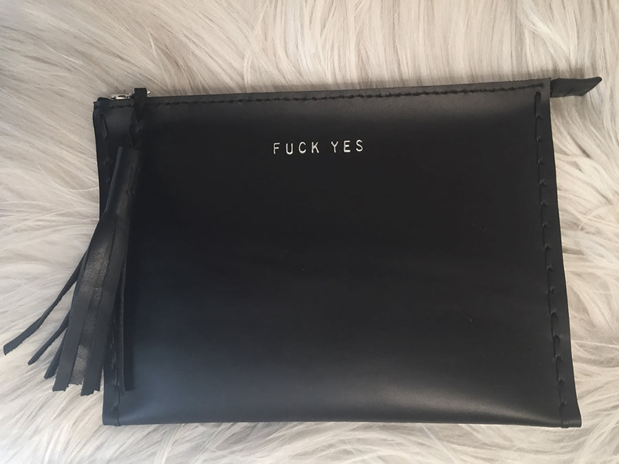 Embossed FUCK YES Laced Leather Clutch Pouch Wendy Nichol Luxury Handbags Bag Purse Designer Handmade in NYC New York City Zip Zipper Pouch Wallet Fringe Tassel Embossed Gold Silver Foil Fuck No Fuck Off Fuck You Small Medium Large Size Smooth High Quality Black Leather