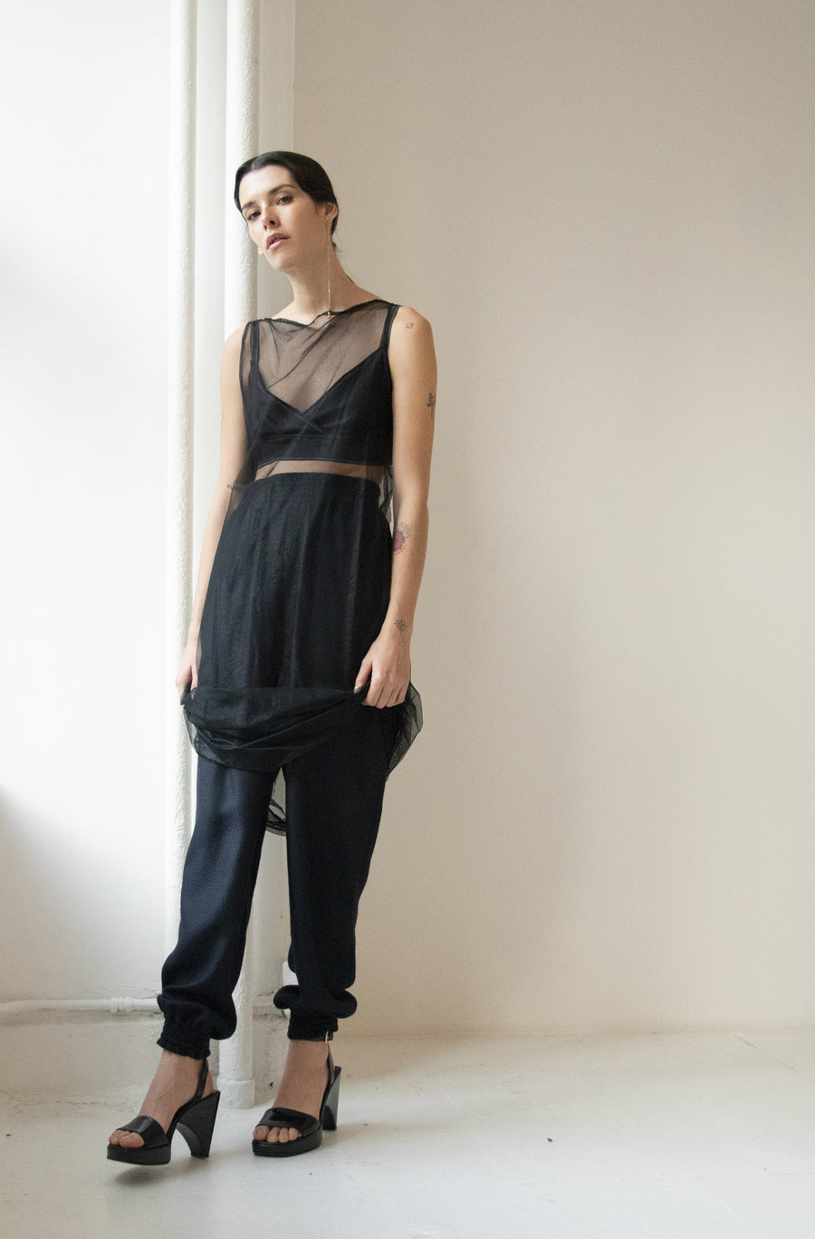 Sheer Shift Dress and Wool Cashmere Ruche Pant – Wendy Nichol Sheer Shift Dress and Wool Cashmere Ruche Pant – Wendy Nichol