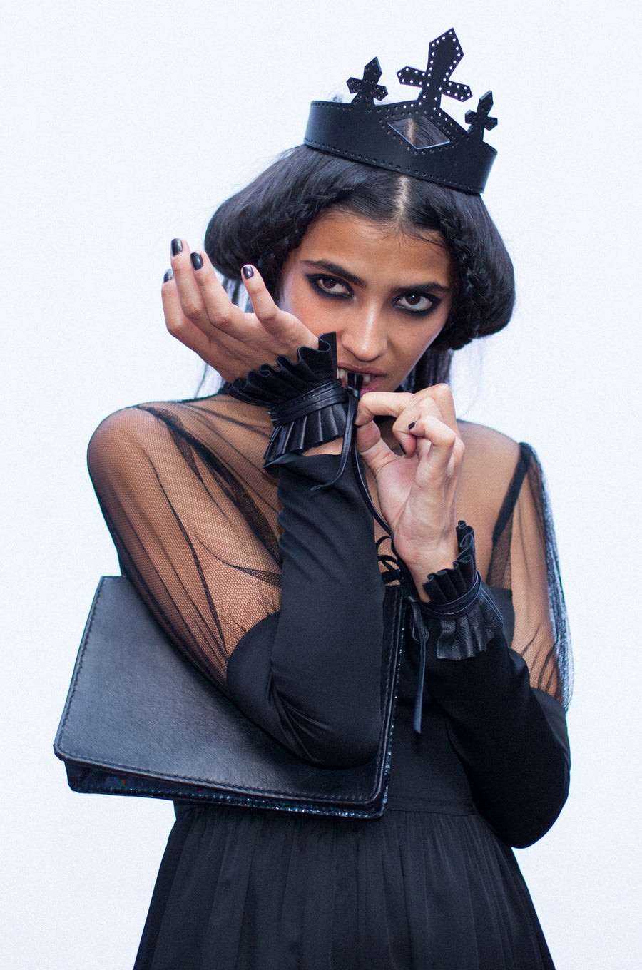 Karina T. IMG Model Edwardian Pleated Black Leather Wrist Cuffs Wendy Nichol Designer Handmade in NYC Victorian Gothic Leather Suede Bow Pleated Cuffs Saints of the Zodiac Fashion Show SS14