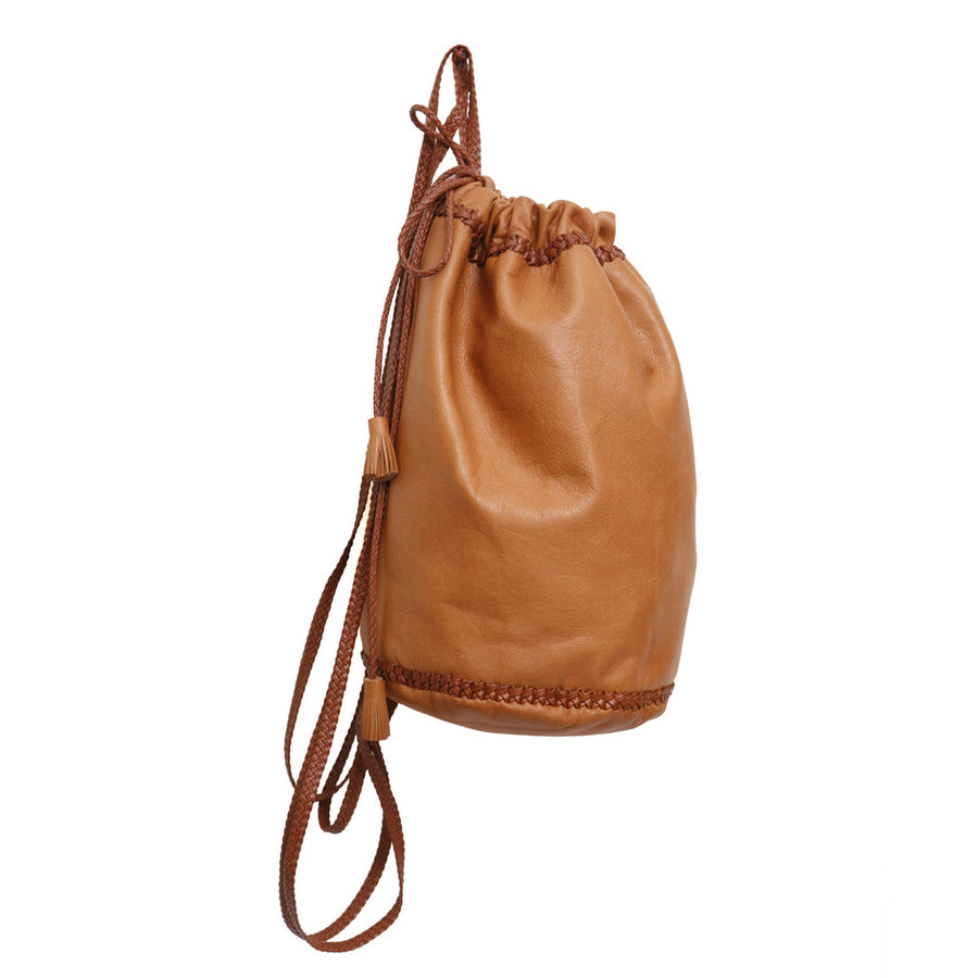 Light Brown Tan Carmel Small Braided Knapsack Backpack Wendy Nichol Handbags Handmade in NYC New York City Soft High Quality Leather Sack Simple braided straps Draw string Drawstring Pouch Bucket Gym Travel Dance Bag