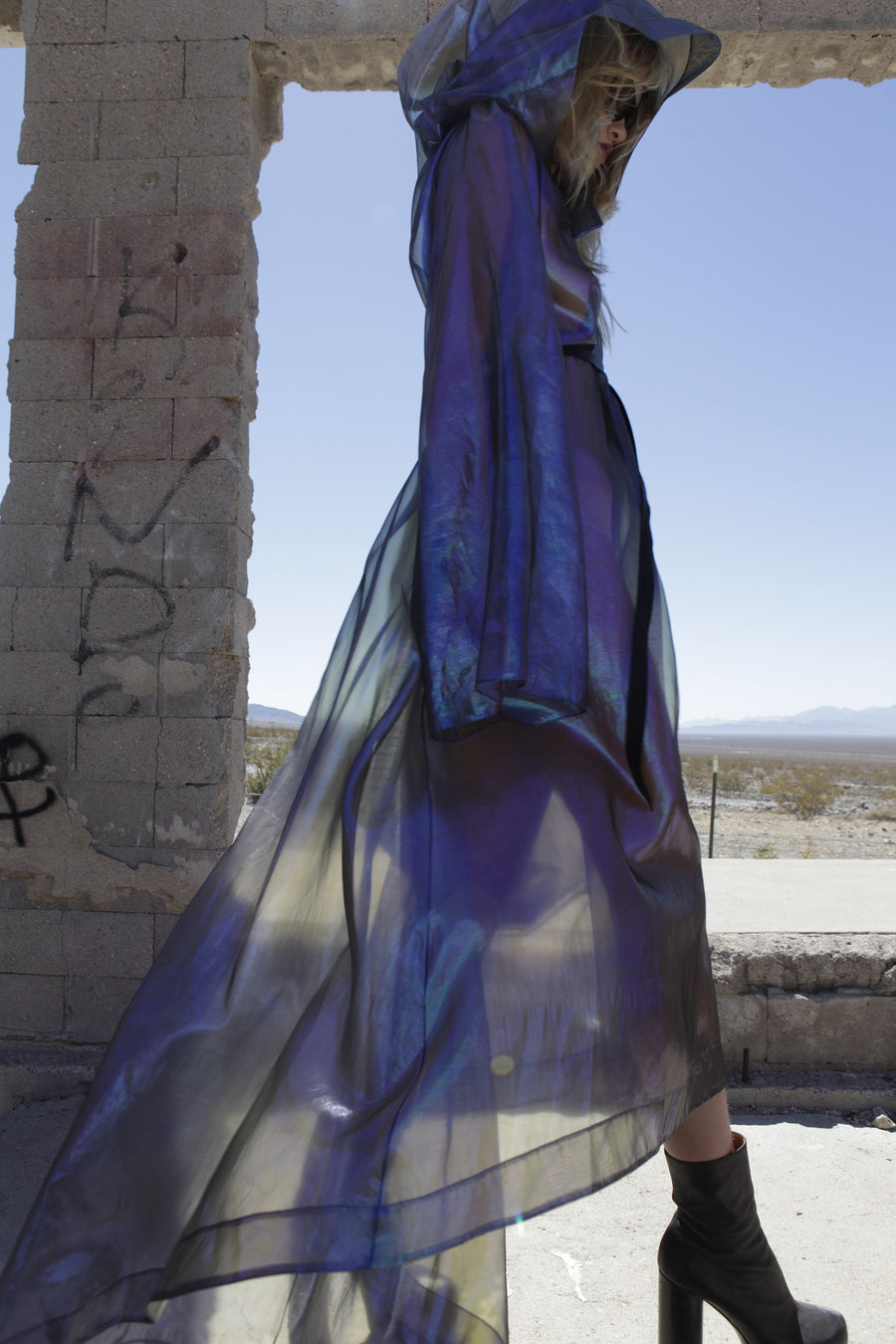 Maggie Laine IMG model Wendy Nichol New York Clothing Designer Handmade in NYC New York City SS17 Fashion Runway Show Signals to the Mothership Made to Order Custom Tailoring Made to Measure Death Valley Hooded Psychedelic Coat Sheer Transparent Silk Holographic Purple Blue Silver Belle Sleeve Hood Cape Jacket Cloak Long Train Witch Wizard Alien UFO Total Drone 