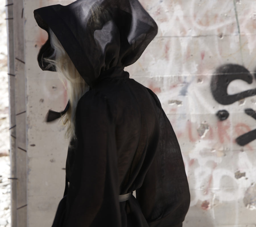 Ryan James Smith model Wendy Nichol New York Clothing Designer Handmade in NYC New York City SS17 Fashion Runway Show Signals to the Mothership Made to Order Custom Tailoring Made to Measure Death Valley Black Sheer Hood Hooded Cape Cloak Coat Belle Sleeves Long Train Oversized Hood Gothic Goth Pagan Witch High Priestess Sorceress Magician Wizard 