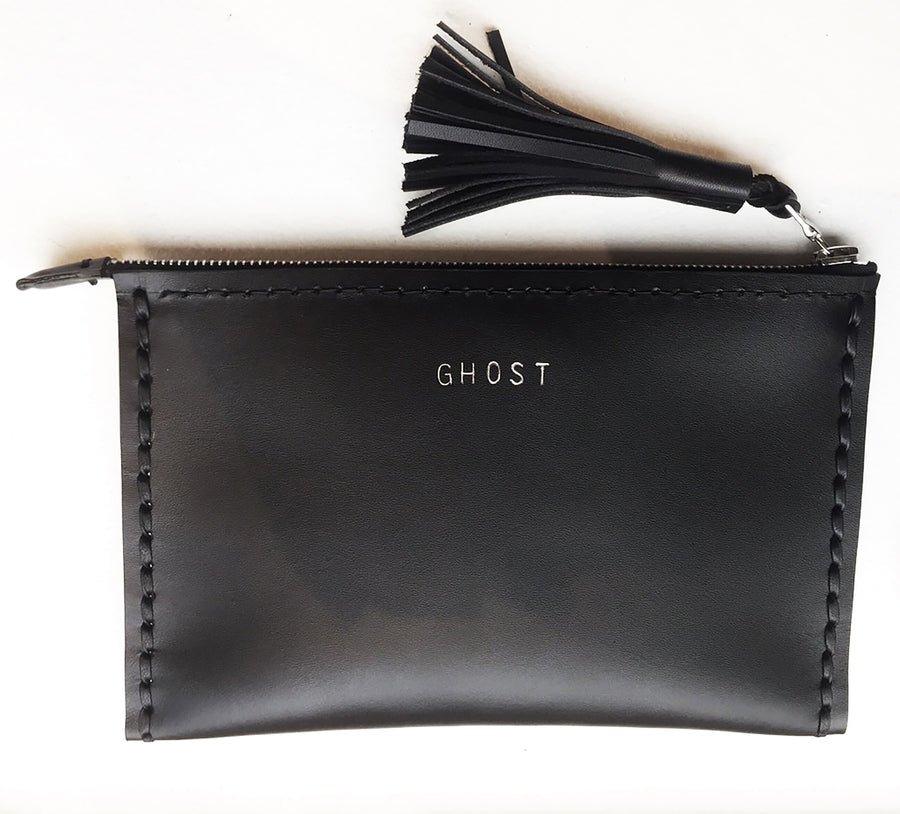 GHOST AW16 13 Incarnations Leather Medium Laced Clutch Pouch Custom Embossed Initial Letter Monogram Card Phone Wallet Clutch Wendy Nichol Designer Purse handbags Handmade in NYC New York City Zip Zipper Pouch Smooth Black High Quality Leather Fringe Tassel Gold Silver Foil