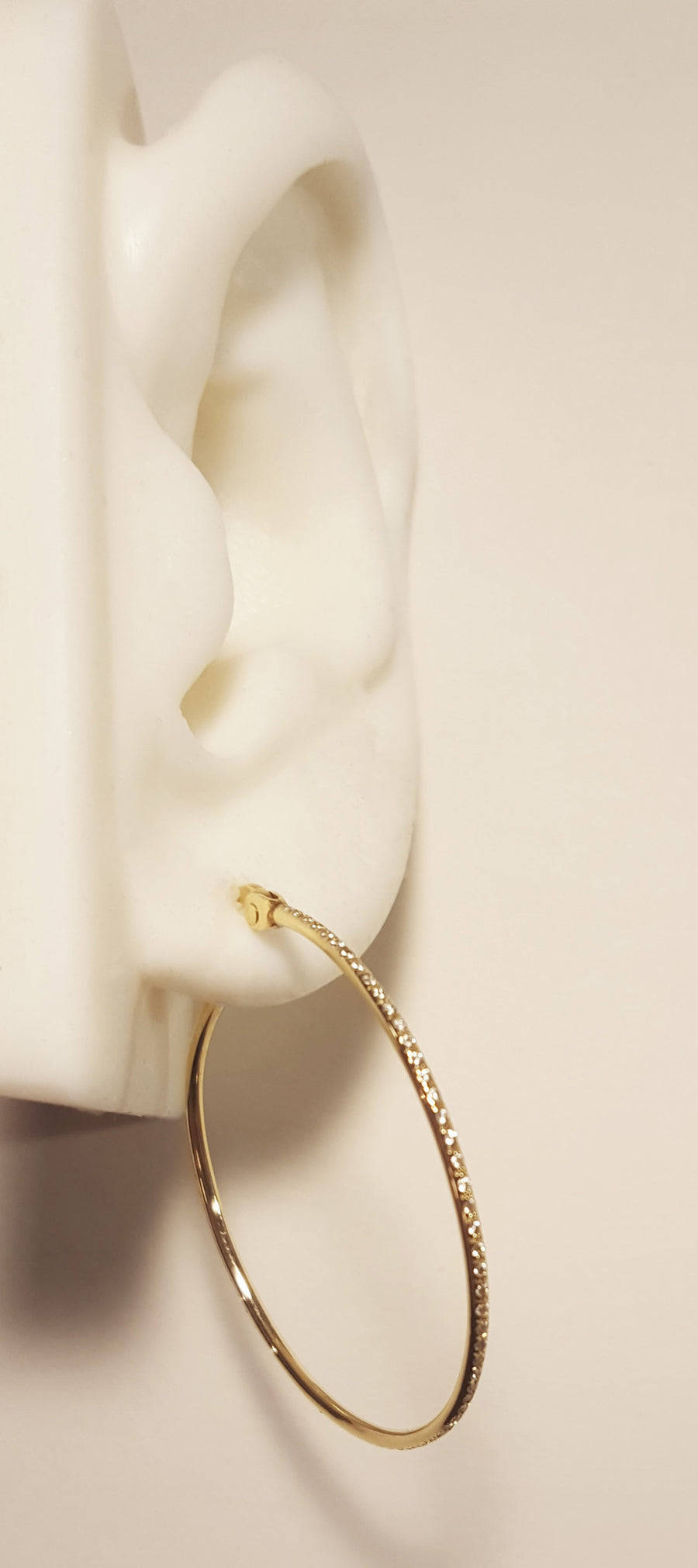 Micro Pave Diamonds 35mm Large Hoop Single Earring Wendy Nichol Fine Jewelry Designer Handmade in NYC solid 14k Gold Black Diamonds White Diamonds 