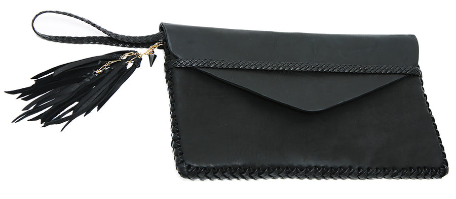 Black Midnight Rider Clutch Wendy Nichol Luxury Handbag Purse Designer Handmade in NYC New York City Envelope Flap Closure Braided Pouch Wrist Wristlet Fringe High Quality Leather Evening Clutch