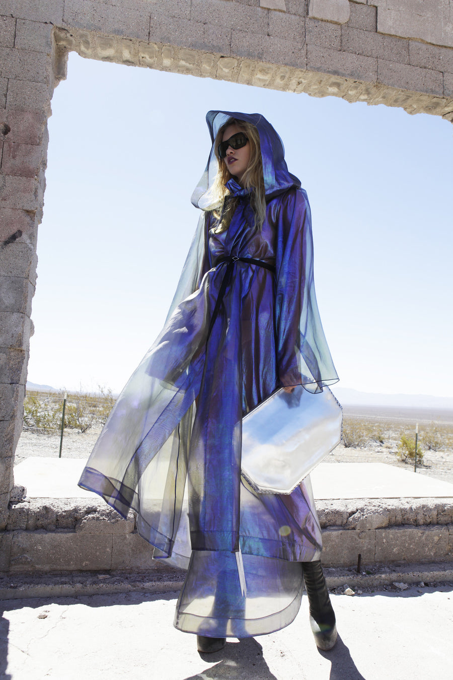Maggie Laine IMG model Wendy Nichol New York Clothing Designer Handmade in NYC New York City SS17 Fashion Runway Show Signals to the Mothership Made to Order Custom Tailoring Made to Measure Death Valley Hooded Psychedelic Coat Sheer Transparent Silk Holographic Purple Blue Silver Belle Sleeve Hood Cape Jacket Cloak Long Train Witch Wizard Alien UFO Total Drone 