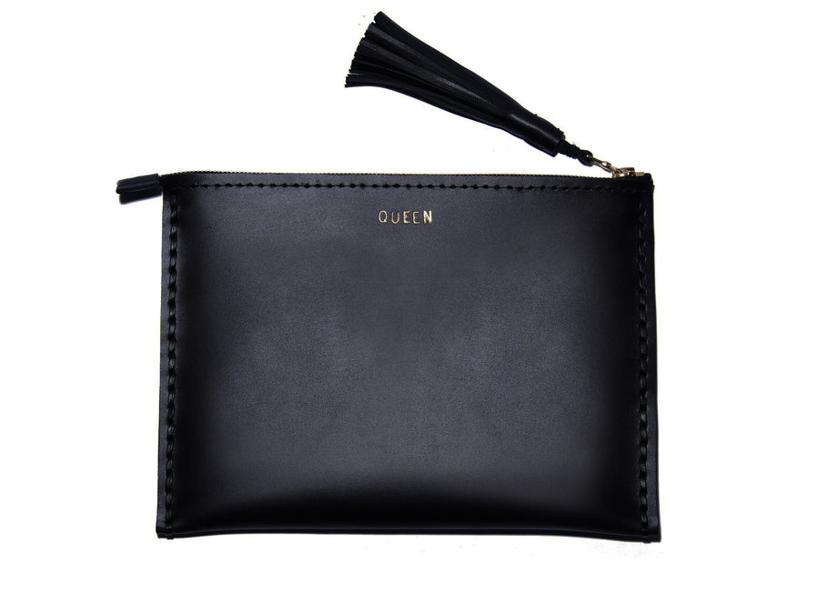QUEEN Leather Medium Laced Clutch Pouch Custom Embossed Initial Letter Monogram Card Phone Wallet Clutch Wendy Nichol Designer Purse handbags Handmade in NYC New York City Zip Zipper Pouch Smooth Black High Quality Leather Fringe Tassel Gold Silver Foil