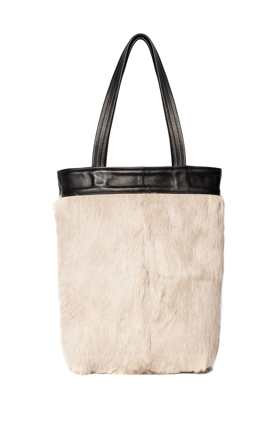 Cream Off White One-of-a-Kind Black Rabbit Fur Tote Black Leather Wendy Nichol Luxury Handbag Purse Bag Designer handmade in NYC New York City one of a kind Durable Handle strap Interior Pocket High Quality Leather