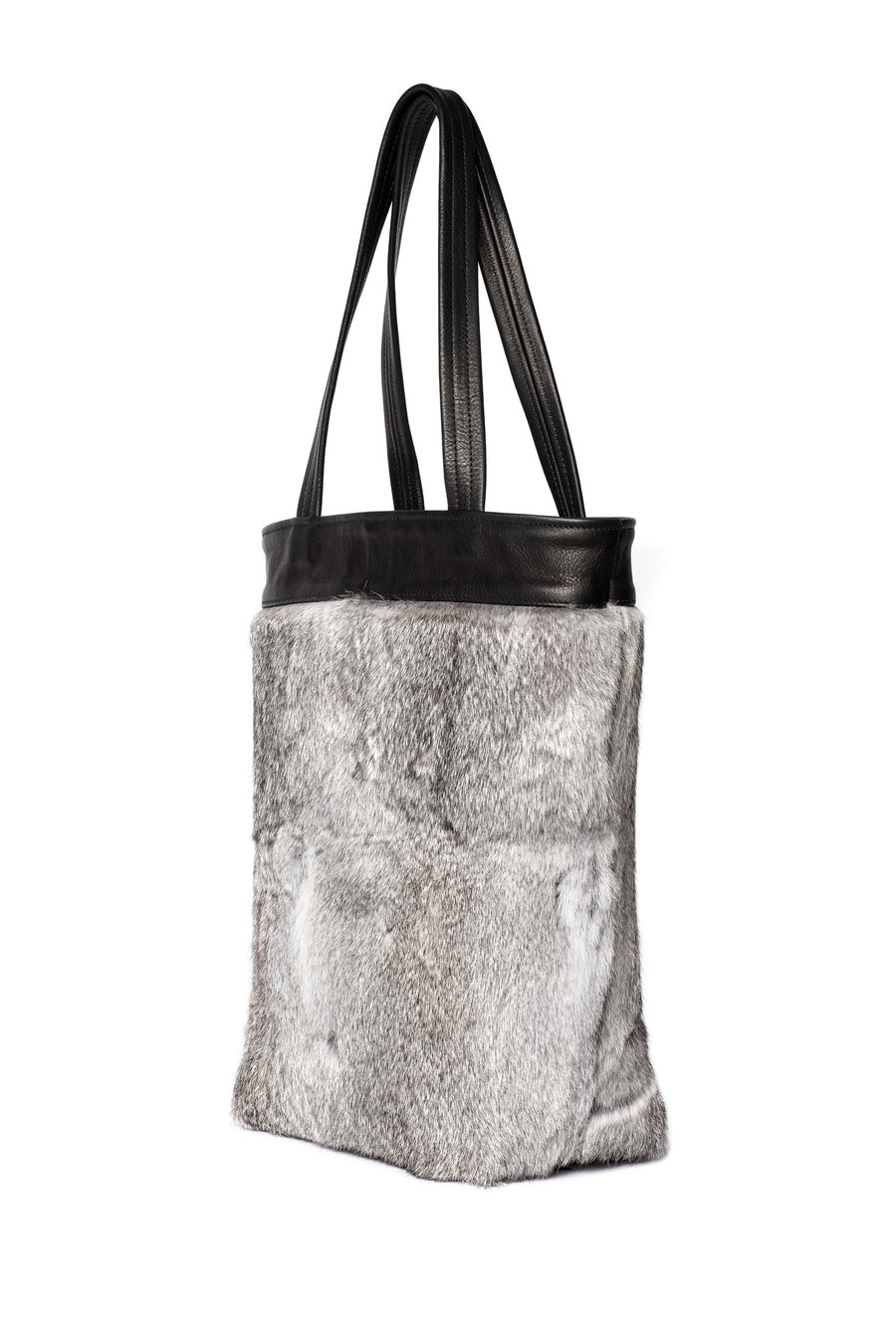 Gray Grey One of a Kind Rabbit Fur Tote Black Leather Wendy Nichol Luxury Handbag Purse Bag Designer handmade in NYC New York City one of a kind Durable Handle strap Interior Pocket High Quality Leather