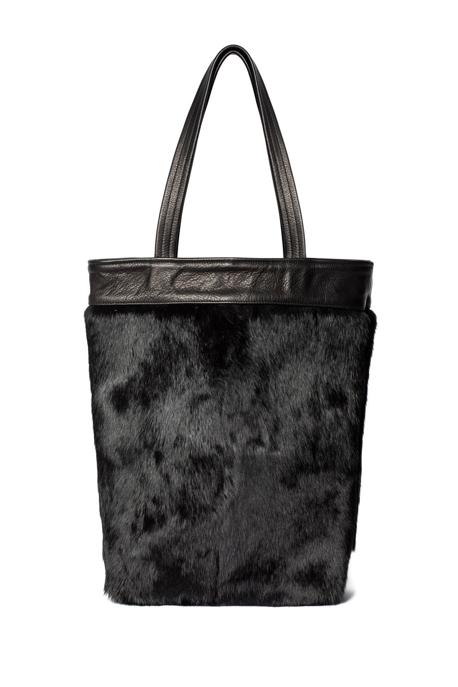 One-of-a-Kind Black Rabbit Fur Tote Black Leather Wendy Nichol Luxury Handbag Purse Bag Designer handmade in NYC New York City one of a kind Durable Handle strap Interior Pocket High Quality Leather
