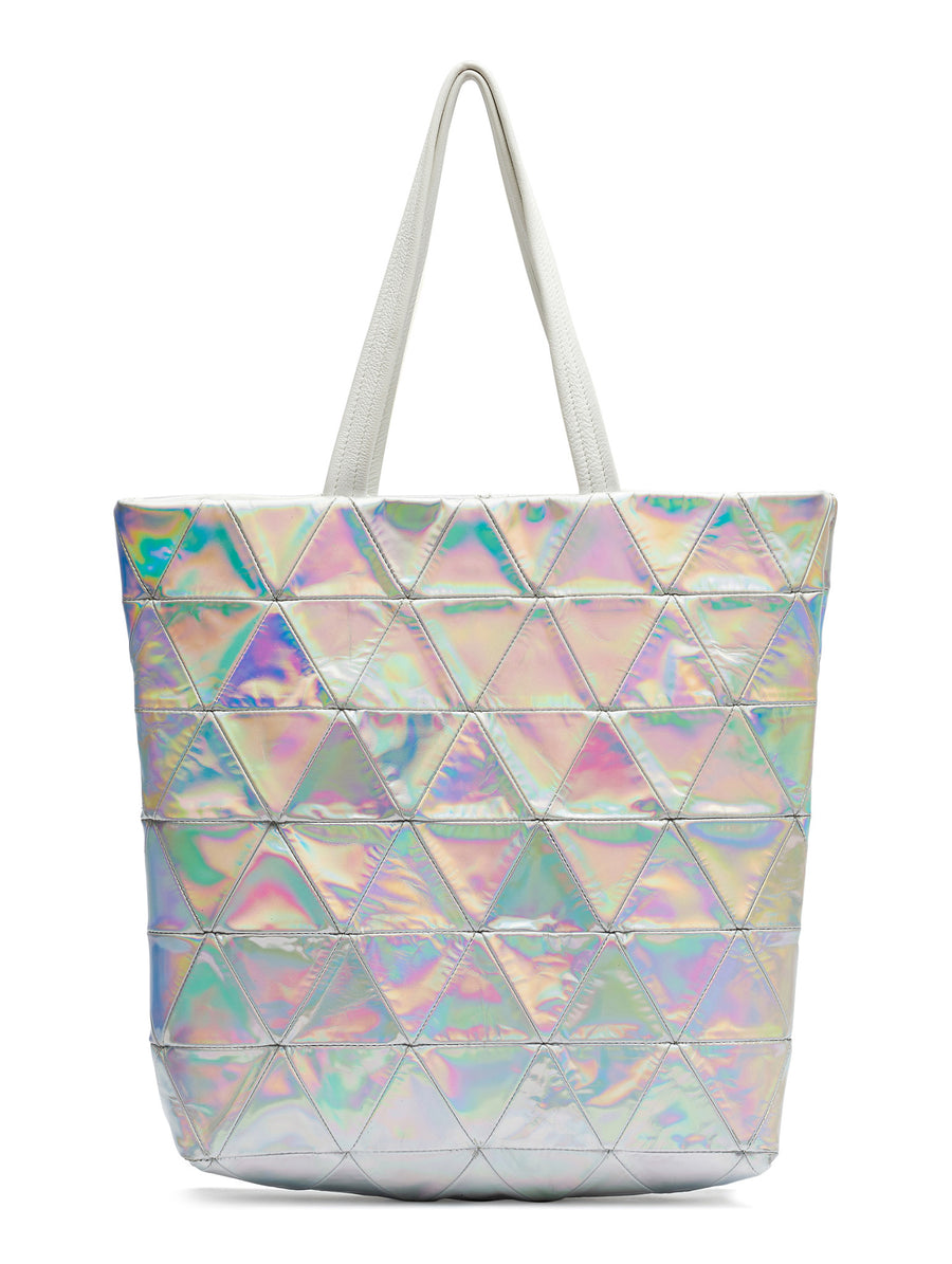 Reflective Shiny Mirror Patent Leather Triangle Patchwork Tote Wendy Nichol Designer Handbag Purse Tote Handmade in NYC New York City Strong durable Handle interior pocket Triangles High Quality Leather Silver Rainbow Metallic Holographic