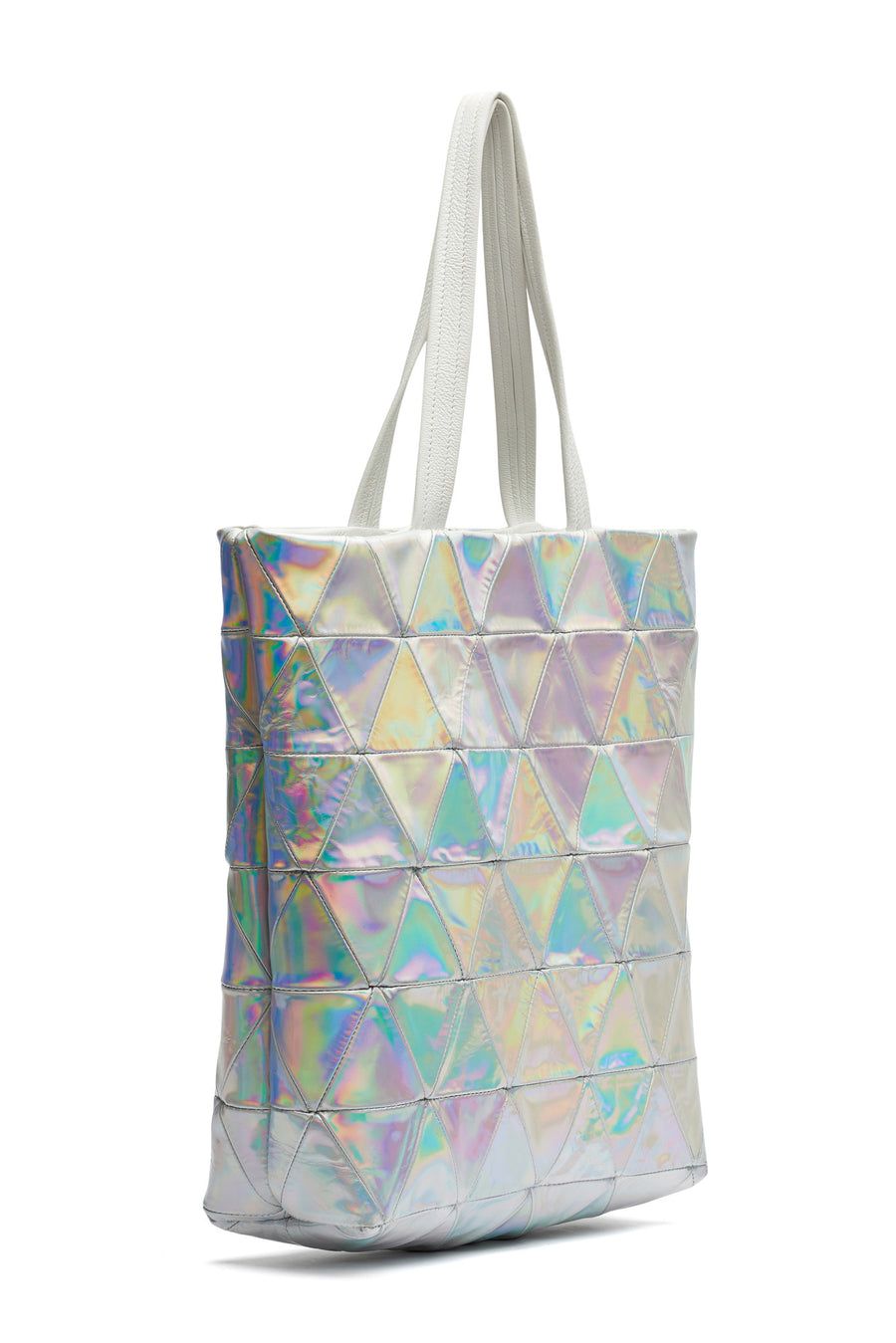 Reflective Shiny Mirror Patent Leather Triangle Patchwork Tote Wendy Nichol Designer Handbag Purse Tote Handmade in NYC New York City Strong durable Handle interior pocket Triangles High Quality Leather Silver Rainbow Metallic Holographic