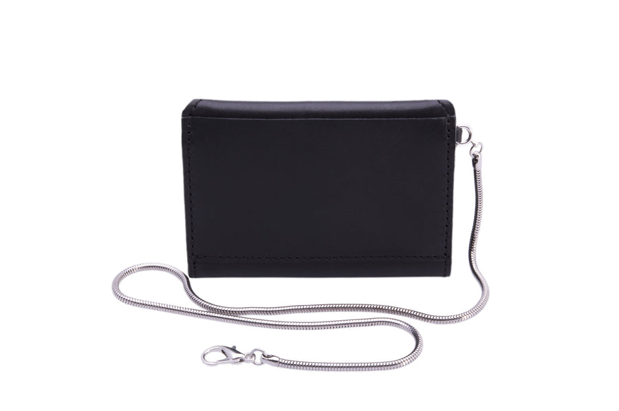 Small Leather Envelope Card Wallet on Safety Key Thin Snake Chain Wendy Nichol Black Leather Handmade in NYC New York City Card Holder Simple Pocket Belt loop High Quality Smooth Black Leather