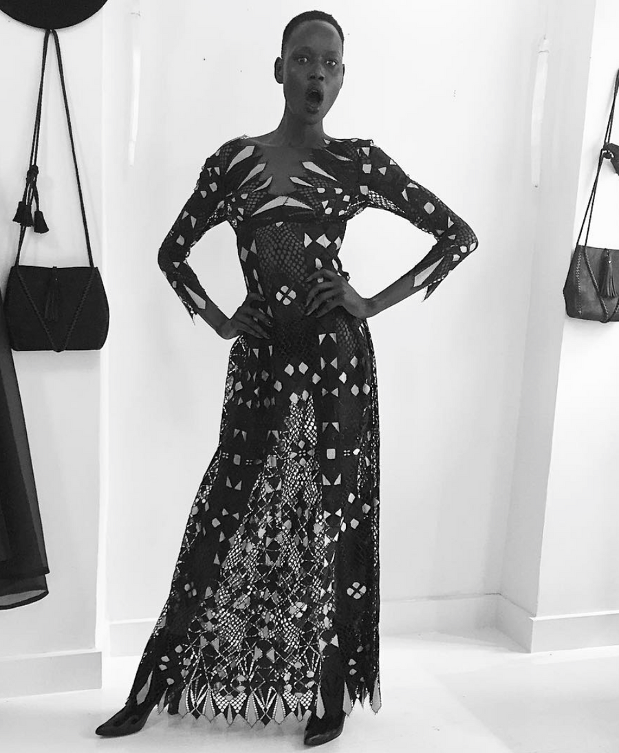 Ajak Deng IMG Model Wendy Nichol Clothing Designer Made to Order Custom Tailoring Made to Measure Handmade in NYC New York City Fashion Runway Show AW16 13 Incarnations Lace Diamond Pattern Dress Sheer Navy Black Gold Gray Grey Long Sleeve Deep V Diamond Triangle Shape Lace Gown Sheer Cut Out 