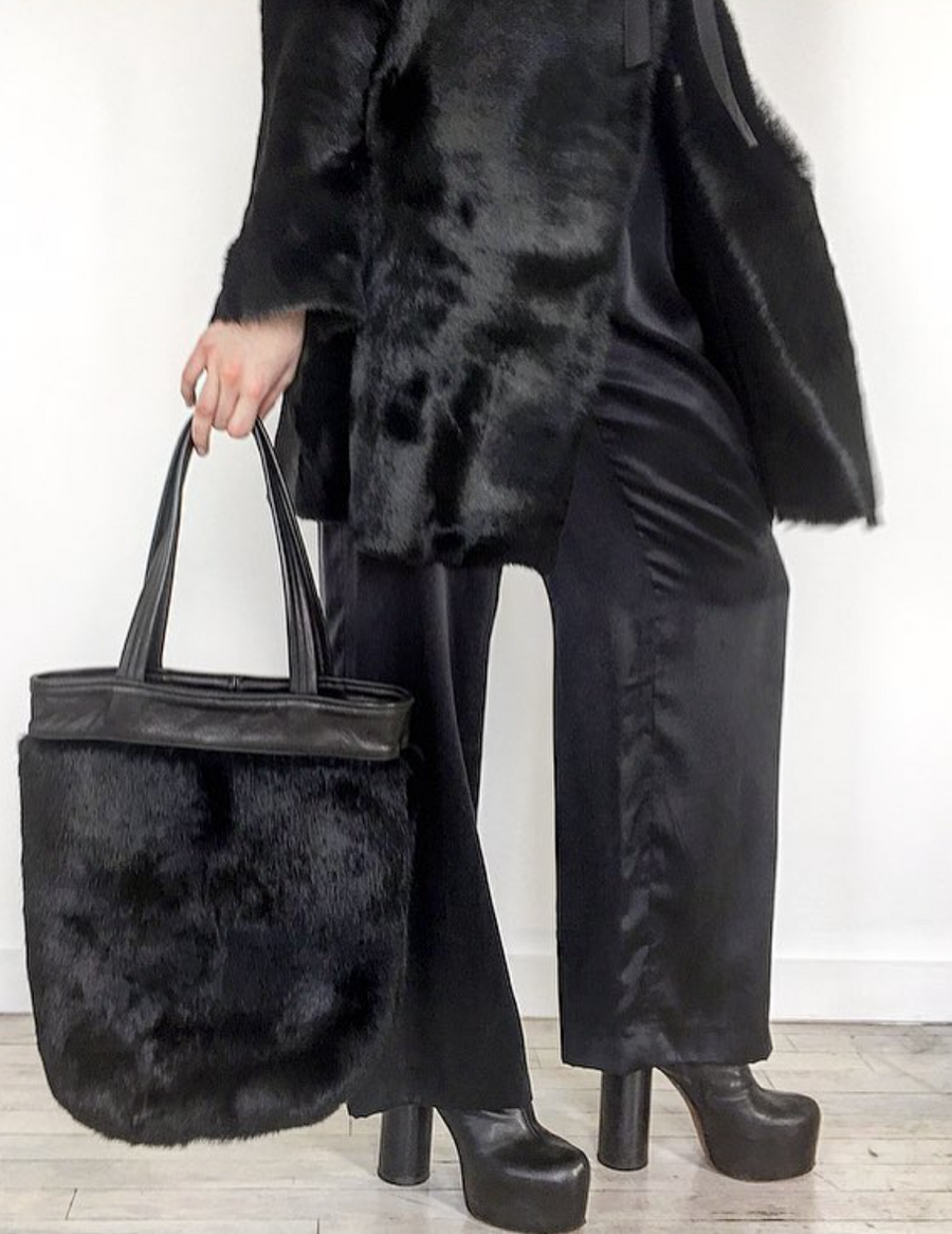 The Creator Jung Black Leather Edwardian Collar detachable Shearling Fur Coat  Wendy Nichol Clothing Fashion Designer Handmade in NYC New York City AW14 Ready to Wear Fashion Runway Show Custom Tailoring Made to Measure made to Order