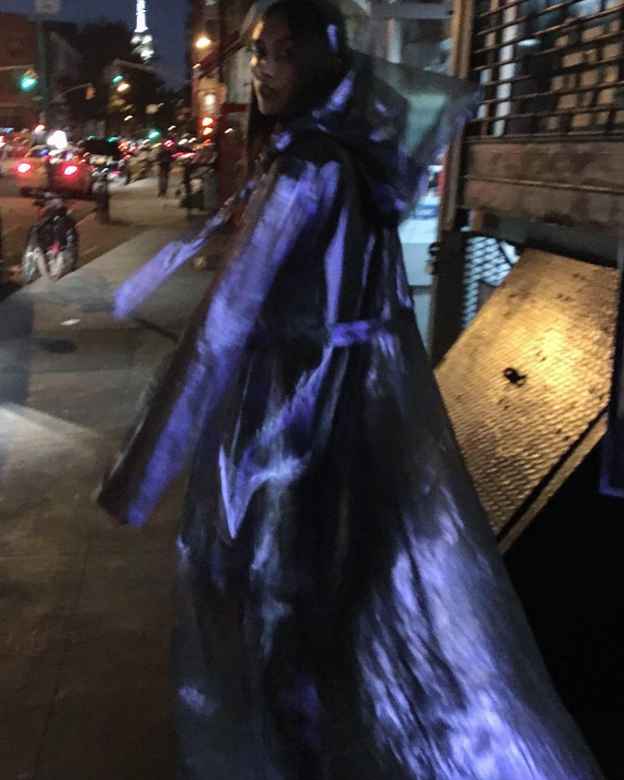Tarsha Orsman IMG model Wendy Nichol New York Clothing Designer Handmade in NYC New York City SS17 Fashion Runway Show Signals to the Mothership Made to Order Custom Tailoring Made to Measure Death Valley Hooded Psychedelic Coat Sheer Transparent Silk Holographic Purple Blue Silver Belle Sleeve Hood Cape Jacket Cloak Long Train Witch Wizard Alien UFO Total Drone 