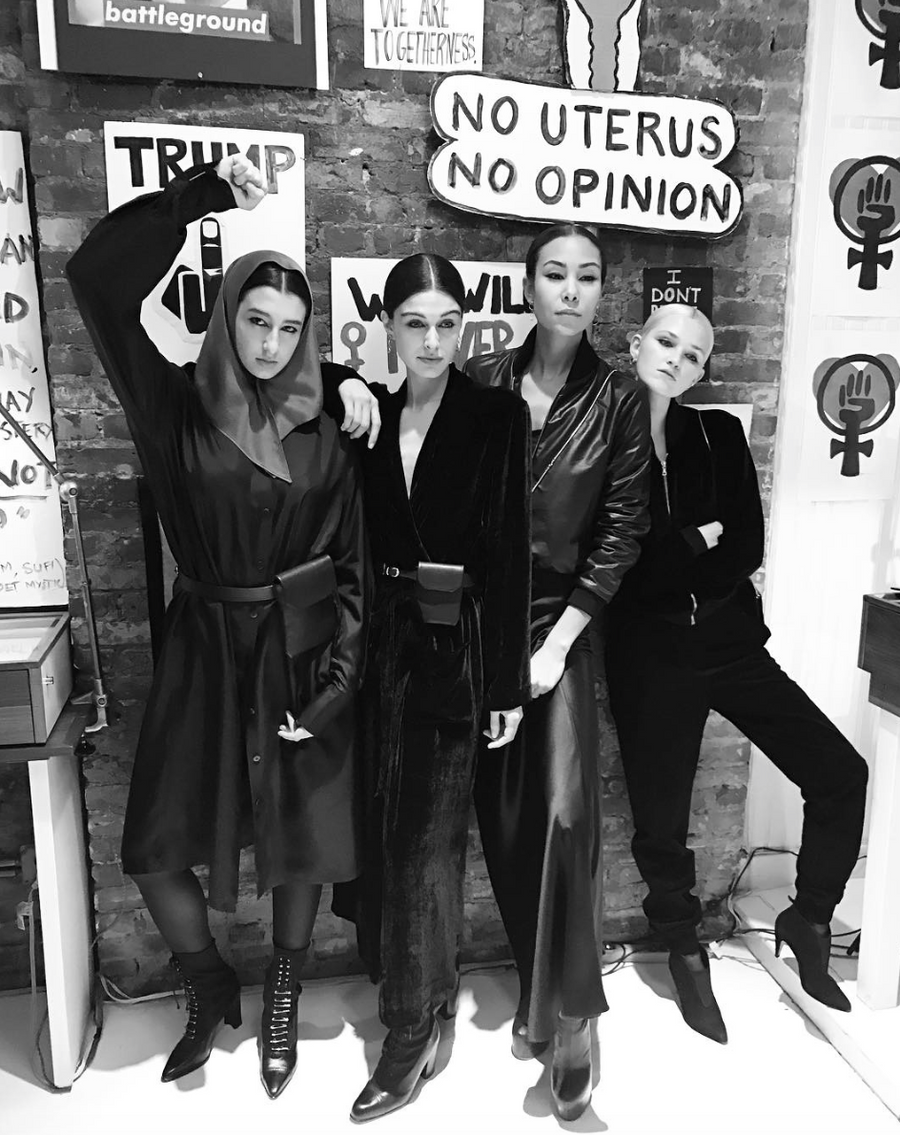 Alexa Reynen IMG Model Wendy Nichol AW17 Clothing Fashion Anti Fascist Runway Show Dear America Handmade in NYC New York City Protest March I AM Silk Velvet Bomber Club Jacket Zip Zipper pockets High Waist Waisted Suede Ruche Pants Ankle tight Skinny Custom Tailoring Made to Order Measure