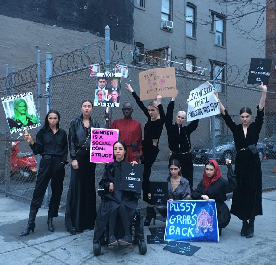 Sofia G. Model Wendy Nichol AW17 Clothing Fashion Anti Fascist Runway Show Dear America Handmade in NYC New York City Protest I AM Silk Shirt Dress Long Sleeve Blouse buttons Silk Head Scarf Chador Hijab
