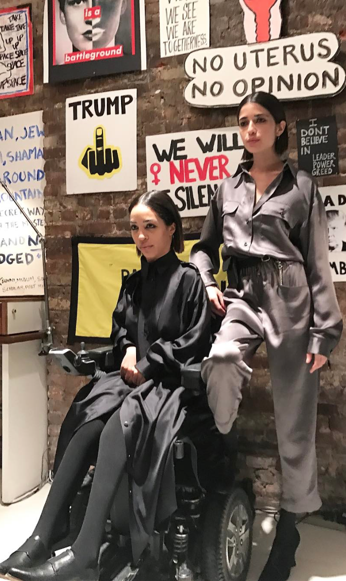 Jillian Mercado IMG Model Wendy Nichol AW17 Clothing Fashion Anti Fascist Runway Show Dear America Handmade in NYC New York City Protest I AM Custom Made to order made to measure Long Sleeve Silk Shirt Dress Shell Buttons 