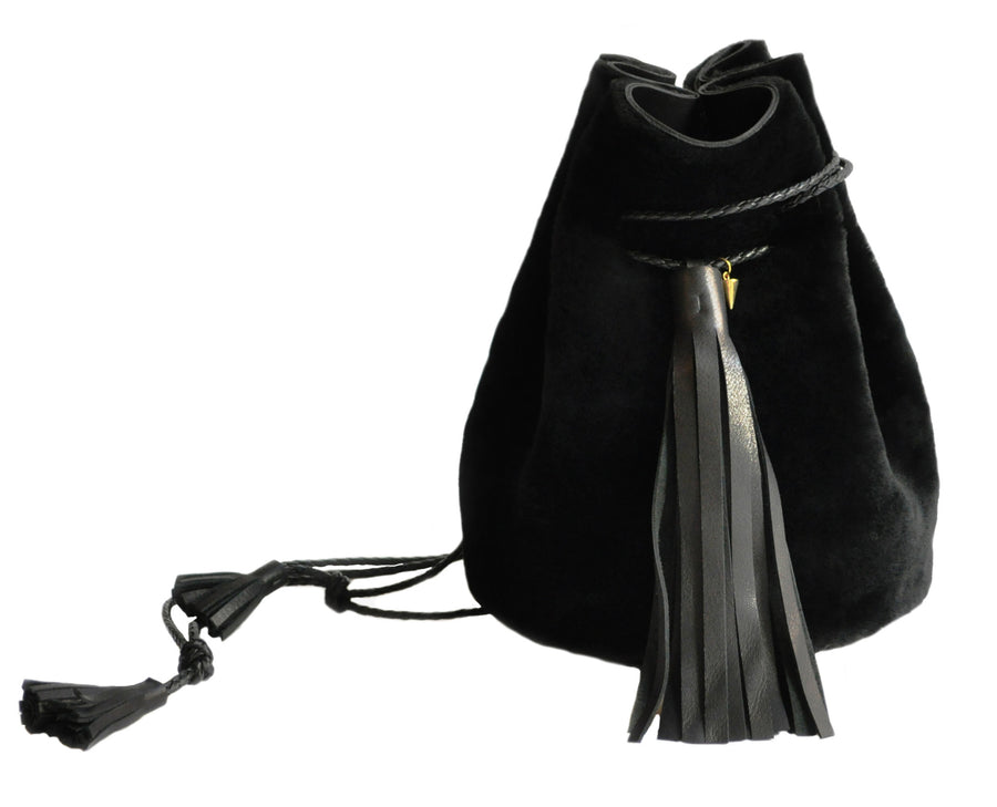 Black Cow Shearling Fur Bullet Bucket Bag Wendy Nichol Leather Handbag Purse Designer Handmade in NYC New York City Drawstring Pouch Large Fringe Tassel Tassels