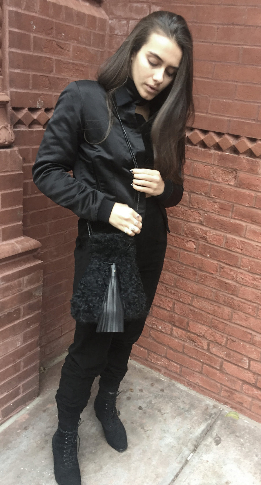 Shearling Curl Cow Leather Bullet Bag Wendy Nichol Handbag Purse Designer Handmade in NYC New York City Bucket Bag Fur Furry Drawstring pouch Large Fringe Tassel Tassels Curly Fur Furry Bucket