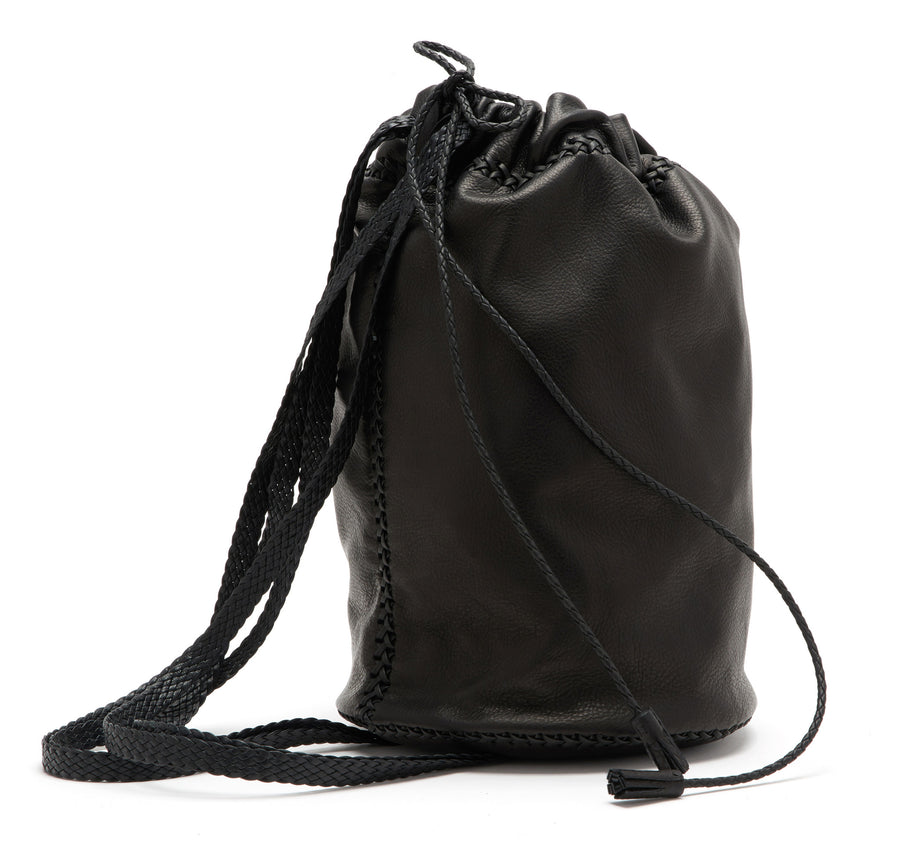 Black Small Braided Knapsack Backpack Wendy Nichol Handbags Handmade in NYC New York City Soft High Quality Leather Sack Simple braided straps Draw string Drawstring Pouch Bucket Gym Travel Dance Bag