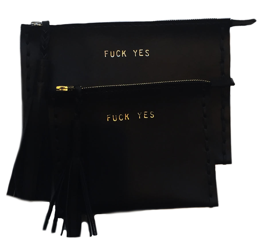 Embossed FUCK YES Laced Leather Clutch Pouch Wendy Nichol Luxury Handbags Bag Purse Designer Handmade in NYC New York City Zip Zipper Pouch Wallet Fringe Tassel Embossed Gold Silver Foil Fuck No Fuck Off Fuck You Small Medium Size Smooth High Quality Black Leather
