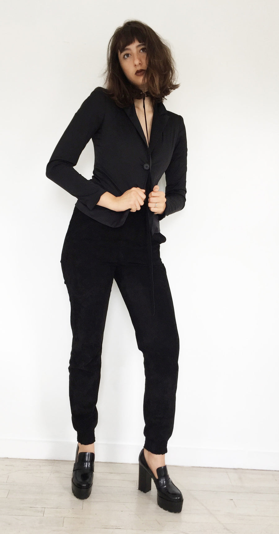 Sofia G Model Wendy Nichol SS17 Fashion Show Leather Choker High Waist Waisted Black Suede Ruche Ankle Skinny Pants