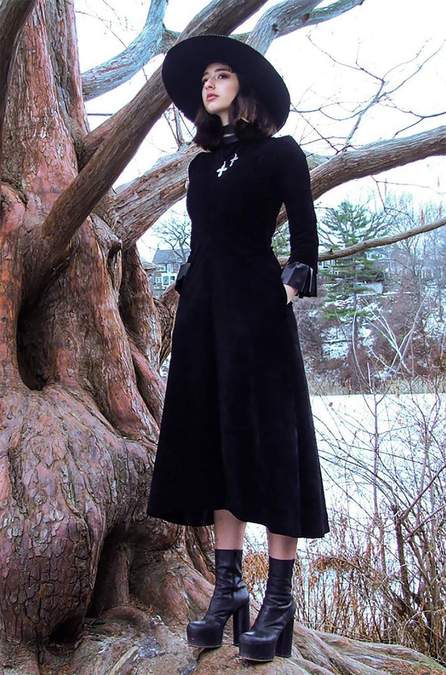 Suede and Leather Nun Dress Wendy Nichol clothing ready to wear fashion designer handmade in NYC custom tailoring Made to measure Sofia G. Model