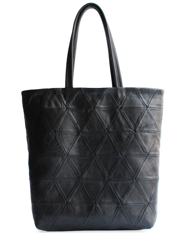 Black Leather Triangle Patchwork Tote Wendy Nichol Designer Handbag Purse Tote Handmade in NYC New York City Strong durable Handle interior pocket Triangles High Quality Leather