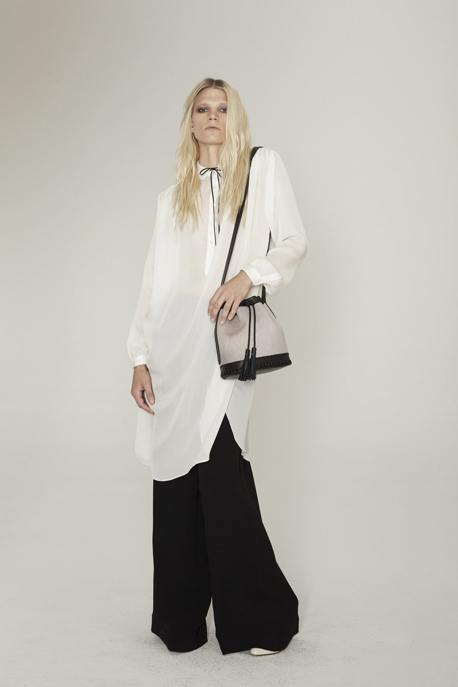 Chelsea Danielle Wichmann Model Silk Night Shirt & Relax Wide Leg Pants Wendy Nichol Clothing Fashion Designer handmade in NYC runway ready to wear show SS15 Space Master Oversized Sheer Transparent White Silk Blouse button collar long Sleeve Silk Wide leg High waist waisted pants Made to Measure Made to Order Custom Tailoring Bespoke