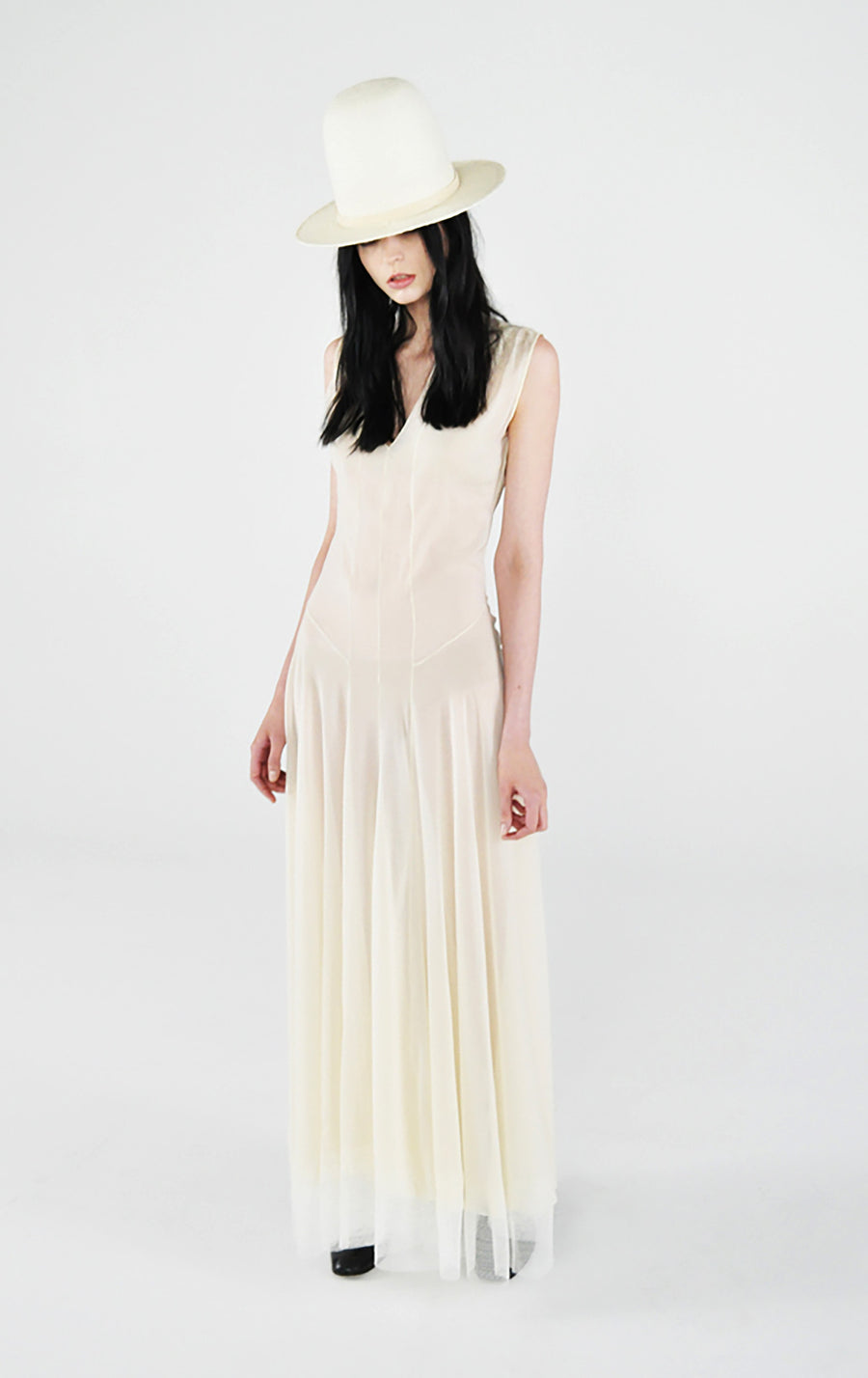 cream ivory white silk chiffon Victorian slip dress Wendy Nichol Fashion clothing designer runway SS13 sleeveless v neck lace trim sheer vintage Victorian slip dress bride bridal wedding straw El topo high crown hat Handmade in NYC New York City Custom color fabric made to Measure tailor tailoring fitted
