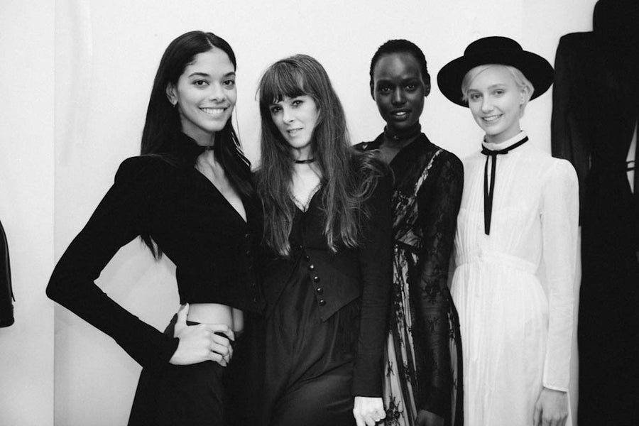 Heidy de la Rosa Model Ajak Deng Juliette Fazekas IMG Models Fitted Black Suede Victorian Jacket & Tulle Trim Silk Skirt Wendy Nichol Clothing Designer Fashion Runway show SS15 Space Master handmade in NYC New York City Bespoke Made To Measure Made to Order custom Tailoring