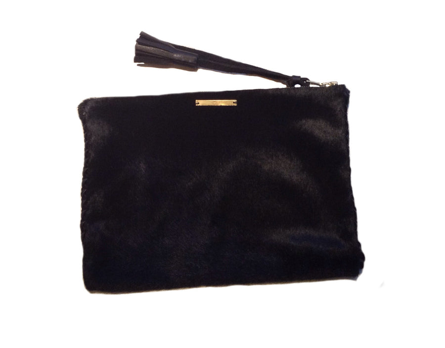 Black Pony Cow Fur Hair Black Leather Braided Pouch Wendy Nichol Luxe Luxury Handbag Wallet Designer Handmade in NYC New York City High Quality Leather Zip Zipper Fringe Tassel Pull Money Credit Card Wallet Pouch Make Up Case Bag Essentials Essential Powder Room Bathroom Tampons Period Pads