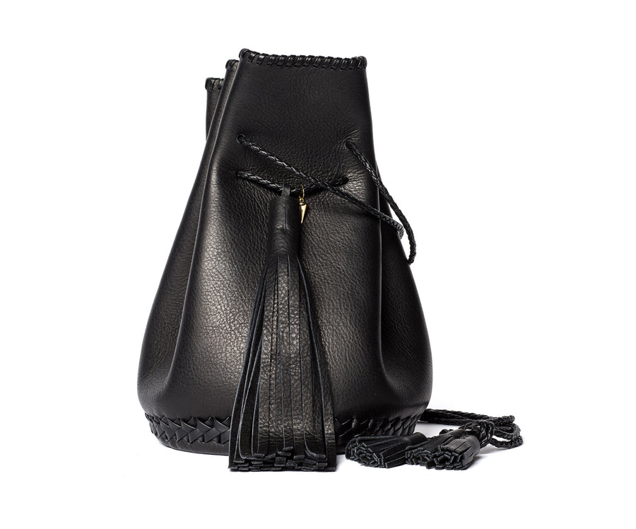 Black Leather Whipstitch Bullet Bag Wendy Nichol Designer Purse Handbag Handmade in NYC New York City Leather Fringe Tassel Drawstring Bucket Pouch Boho Handbag