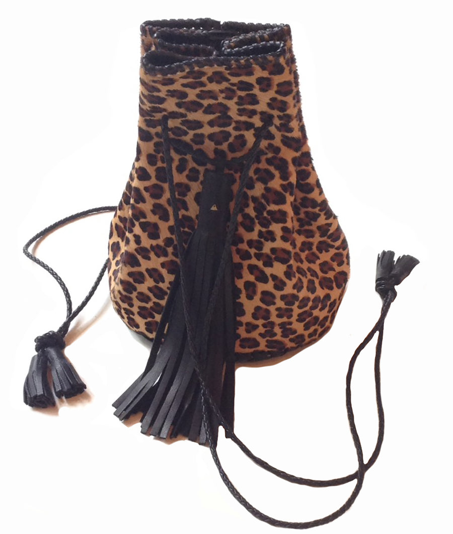 Leopard Cheetah Pony Cow Fur Leather Whipstitch Bullet Bag Wendy Nichol Handbag Purse Handmade in NYC Bucket Bag Drawstring Pouch Large Fringe Tassel