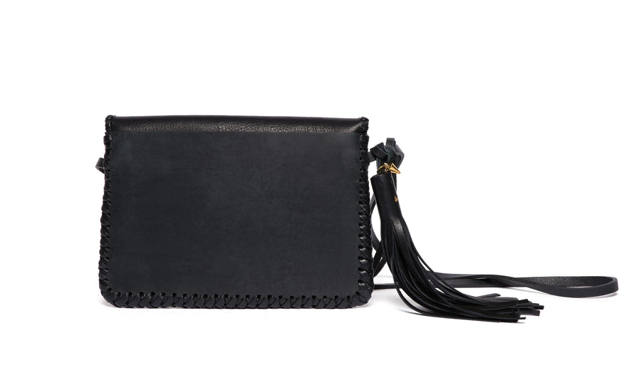 Whipstitch Middle Earth Black Leather Bag Wendy Nichol Handbag Purse Designer Handmade in NYC New York City Envelope Flap Magnet Magnetic Closure Pouch Clutch Back Pocket Cross Body Durable strap Fringe Tassel wallet essentials High Quality Leather