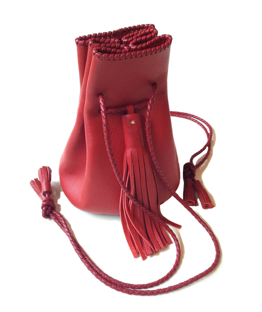 Bright Red Leather Whipstitch Bullet Bag Wendy Nichol Designer Purse Handbag Handmade in NYC New York City Leather Fringe Tassel Drawstring Bucket Pouch Boho Handbag