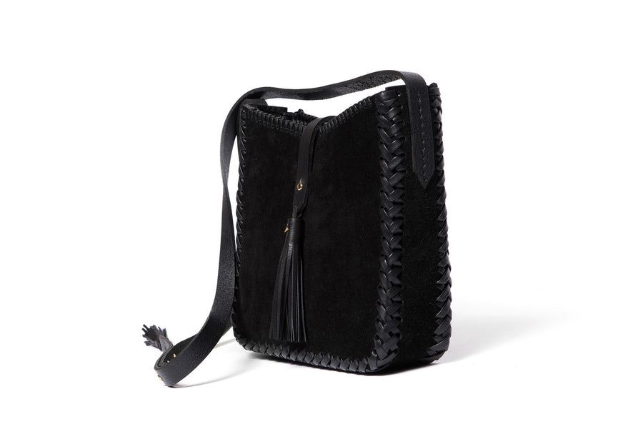 Leather Saddle Bag Wendy Nichol Handbag Purse Designer Handmade in NYC New York City black sued Whipstitch V Edge Open Square Structured Braided Adjustable Strap Fringe Tassels Tassel High Quality Leather