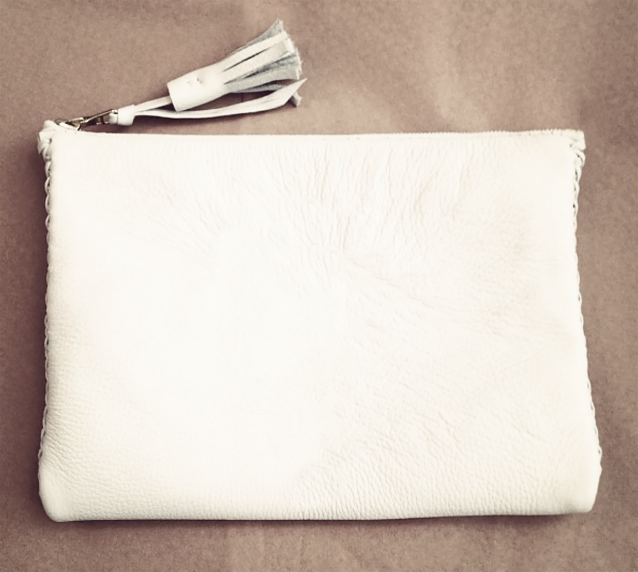 Summer White Leather Braided Pouch Wendy Nichol Luxe Luxury Handbag Wallet Designer Handmade in NYC New York City High Quality Leather Zip Zipper Fringe Tassel Pull Money Credit Card Wallet Pouch Make Up Case Bag Essentials Essential Powder Room Bathroom Tampons Period Pads
