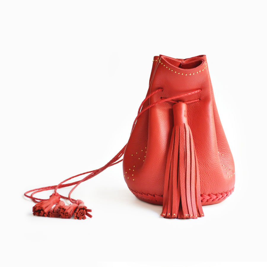 Red Hand Studded Studs Stud Chevron Leather Bullet Bag Wendy Nichol Handbag Purse Designer Handmade in NYC New York City Bucket Bag Drawstring Pouch Large Fringe Tassel