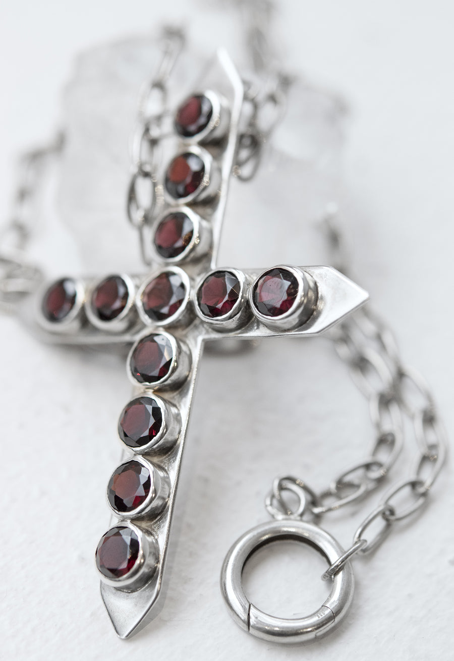 Precious Garnet Studded Cross Pendant Necklace