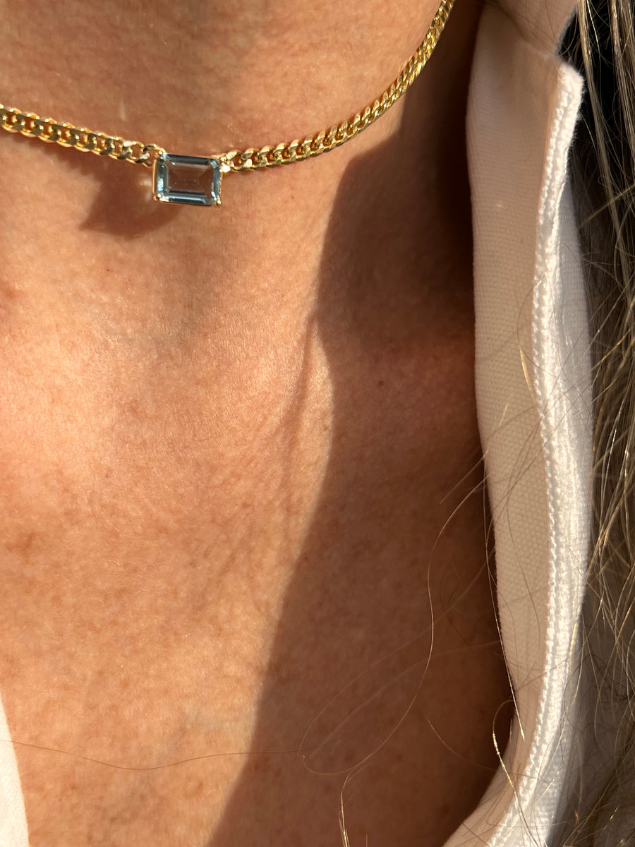 Aquamarine Emerald-Cut Cuban Link Chain Necklace